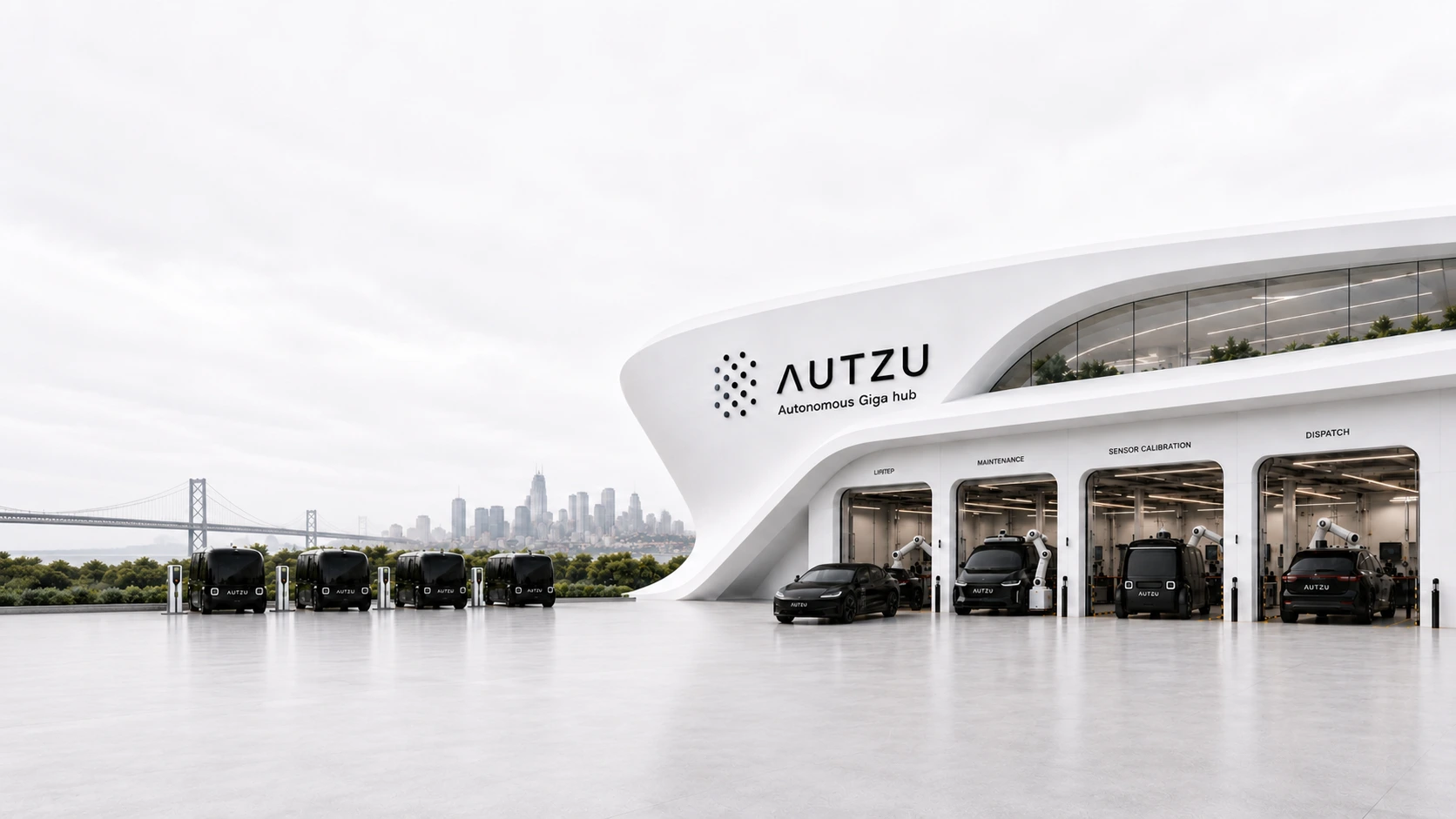 An Autzu Giga Hub exterior at a new-market deployment site, with the city skyline in the background.