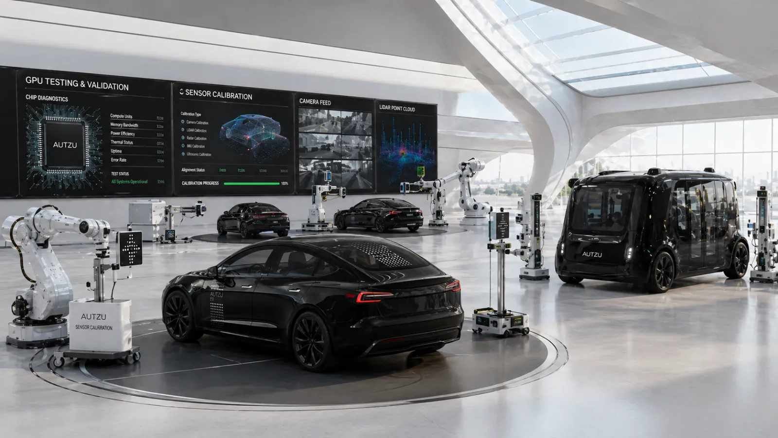Autzu sensor calibration and AV compute testing bay — where autonomous vehicle silicon is validated in the real world.