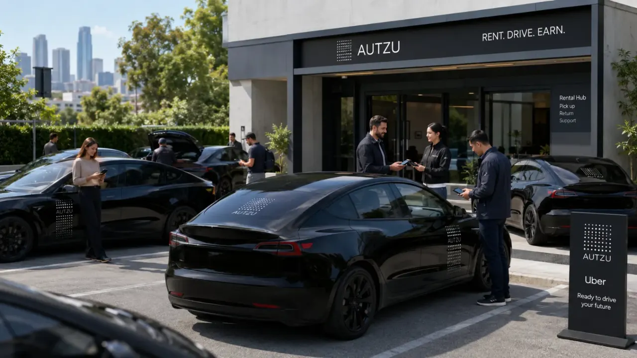 Autzu rental hub with EVs queued for rideshare drivers — present-day infrastructure revenue.