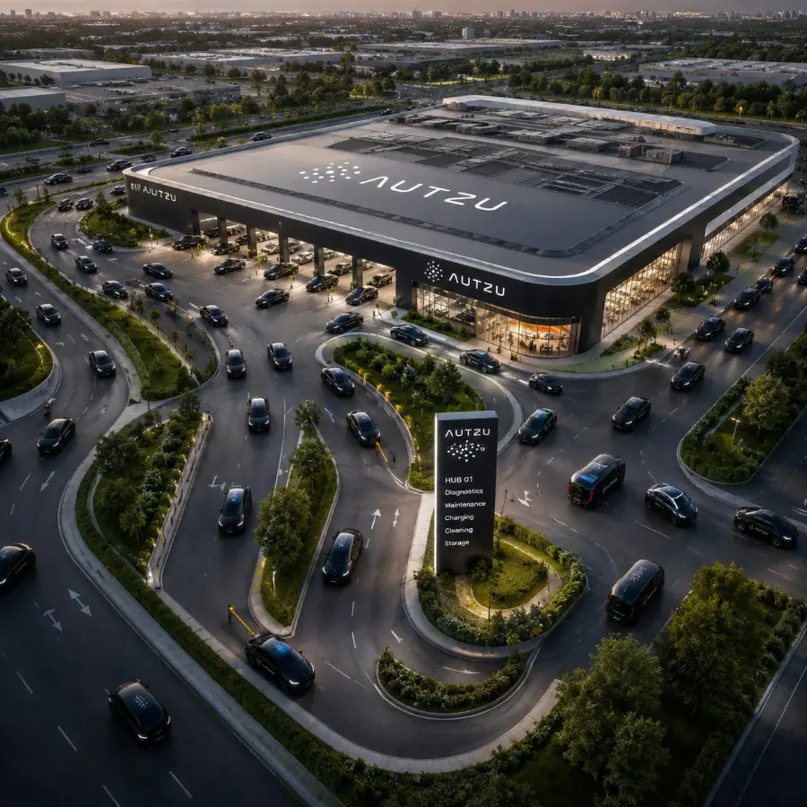 Aerial view of an Autzu hub at dusk — the integrated charging, diagnostics, maintenance, cleaning and storage footprint of an autonomous vehicle hub.